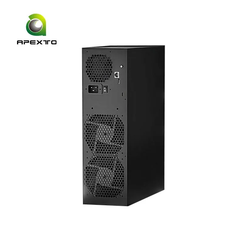 Rectangular beige metal mining unit with front grille and rear ports