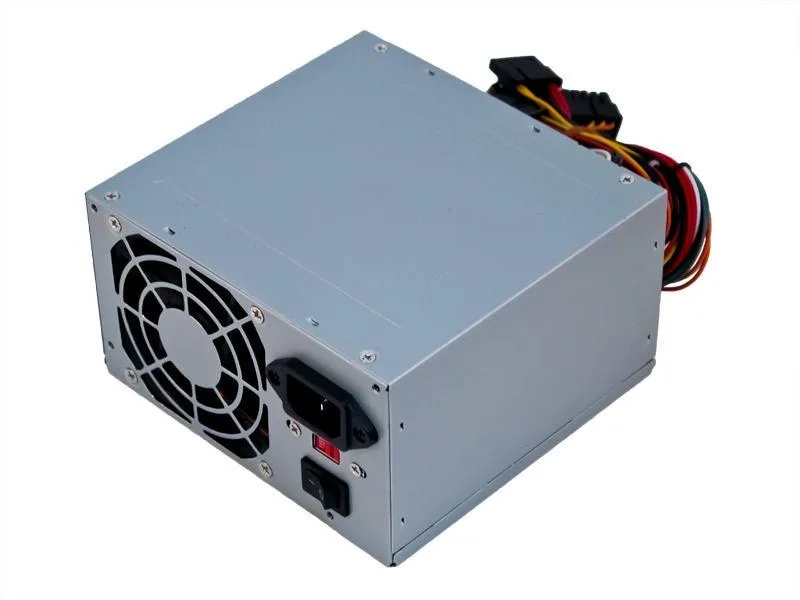 Grey ATX power supply unit with single fan and SATA connector