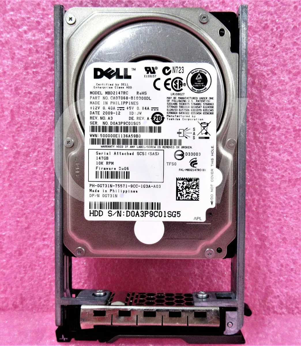 Silver 2.5 inch SAS hard drive mounted in a black Dell R-series caddy tray
