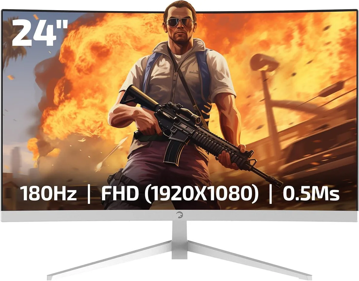 White 23.6 inch curved gaming monitor with slim bezels and RGB backlighting