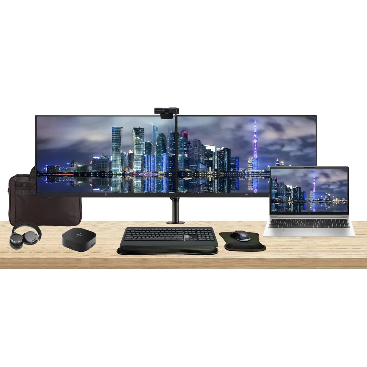 HP ProBook 450 G10 laptop, two 27" monitors on a dual stand, USB-C dock, wireless keyboard, mouse, webcam, headphones, gel wrist rest