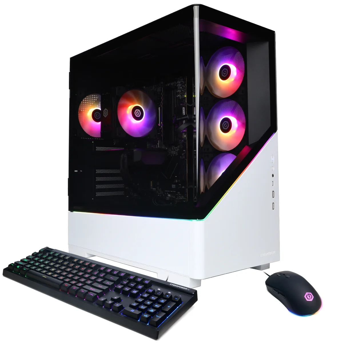 White mid-tower gaming desktop with ARGB air cooling, RGB keyboard and mouse