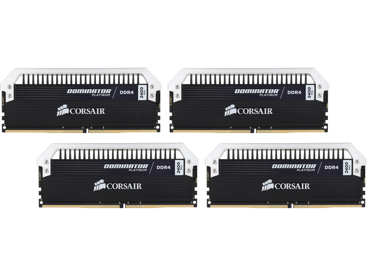 Four silver DDR4 memory modules with white LED light bars and machined aluminium heat spreaders