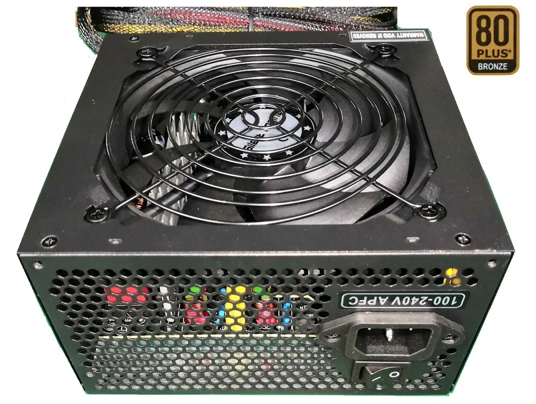 Rectangular metal PSU in black finish with single fan grille and fixed cable bundle emerging from one end