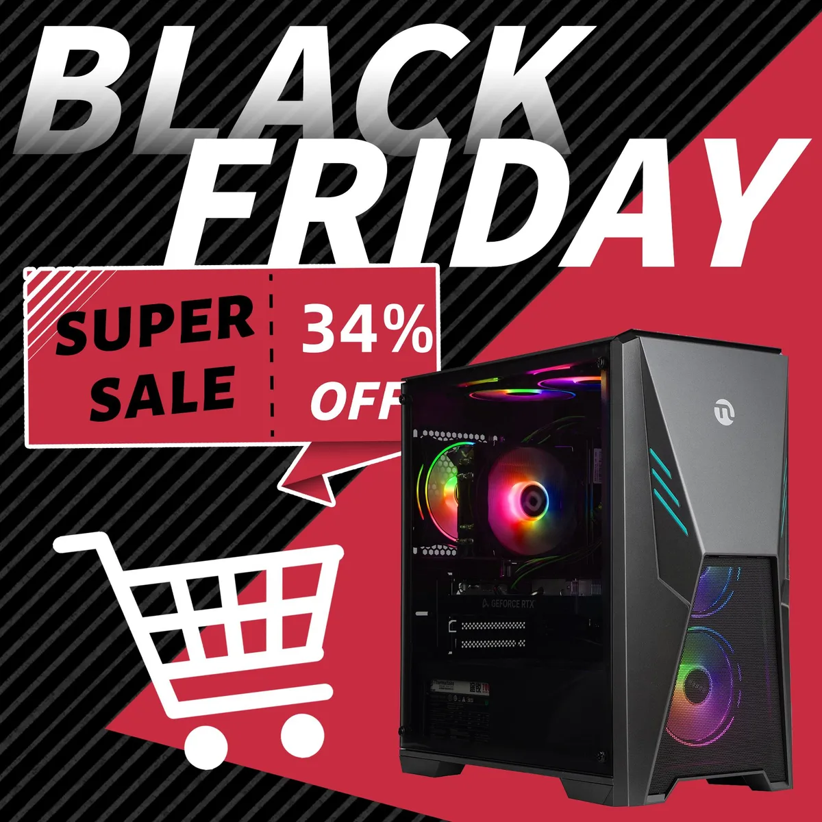 Black mid-tower gaming desktop with six RGB fans visible behind a glass side panel