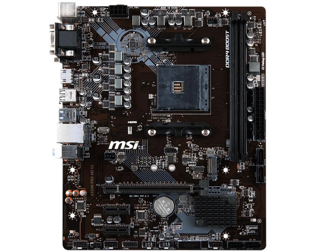 Green rectangular micro-ATX board with silver AM4 socket and four black DDR4 slots