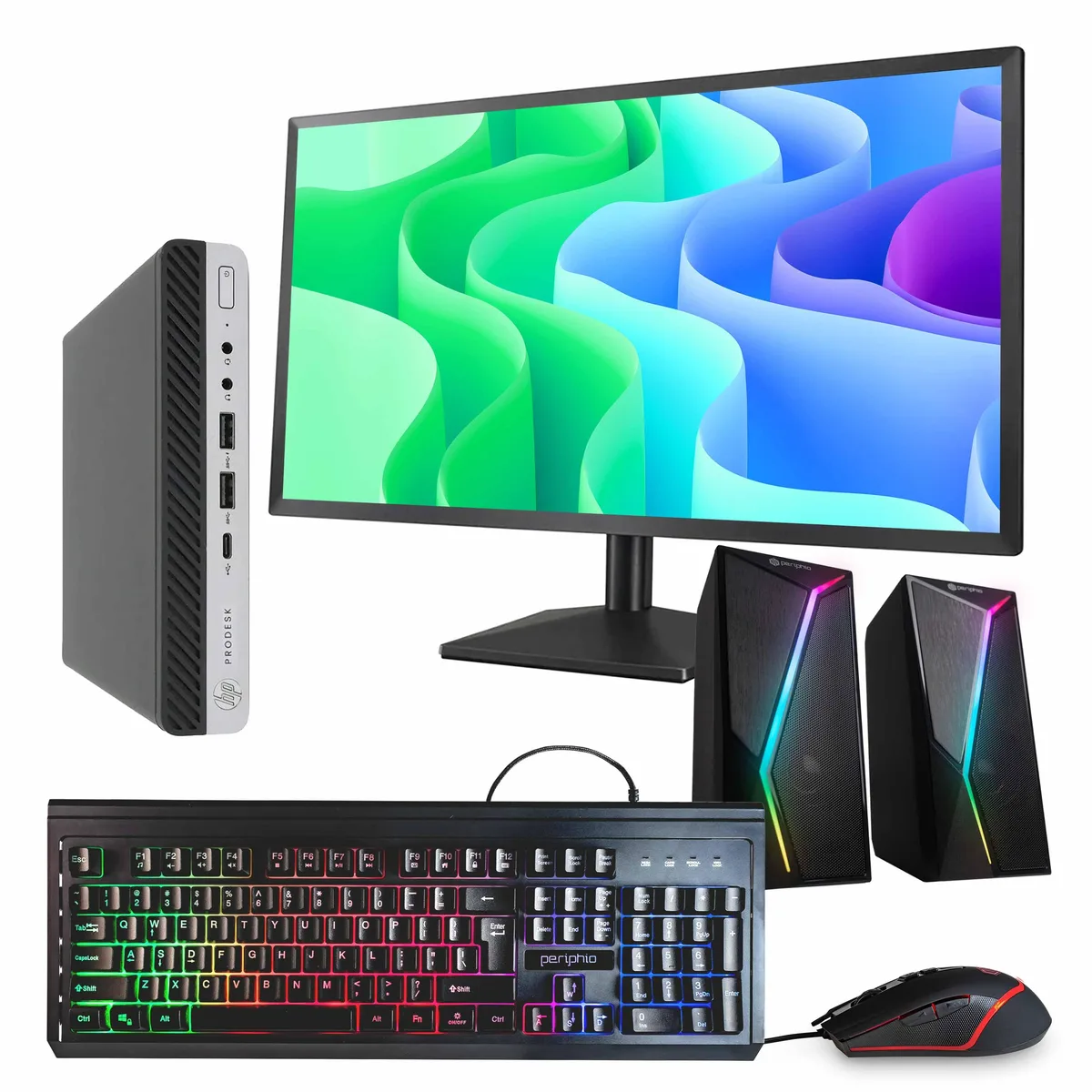Black and silver mini desktop tower beside a 24 inch monitor
