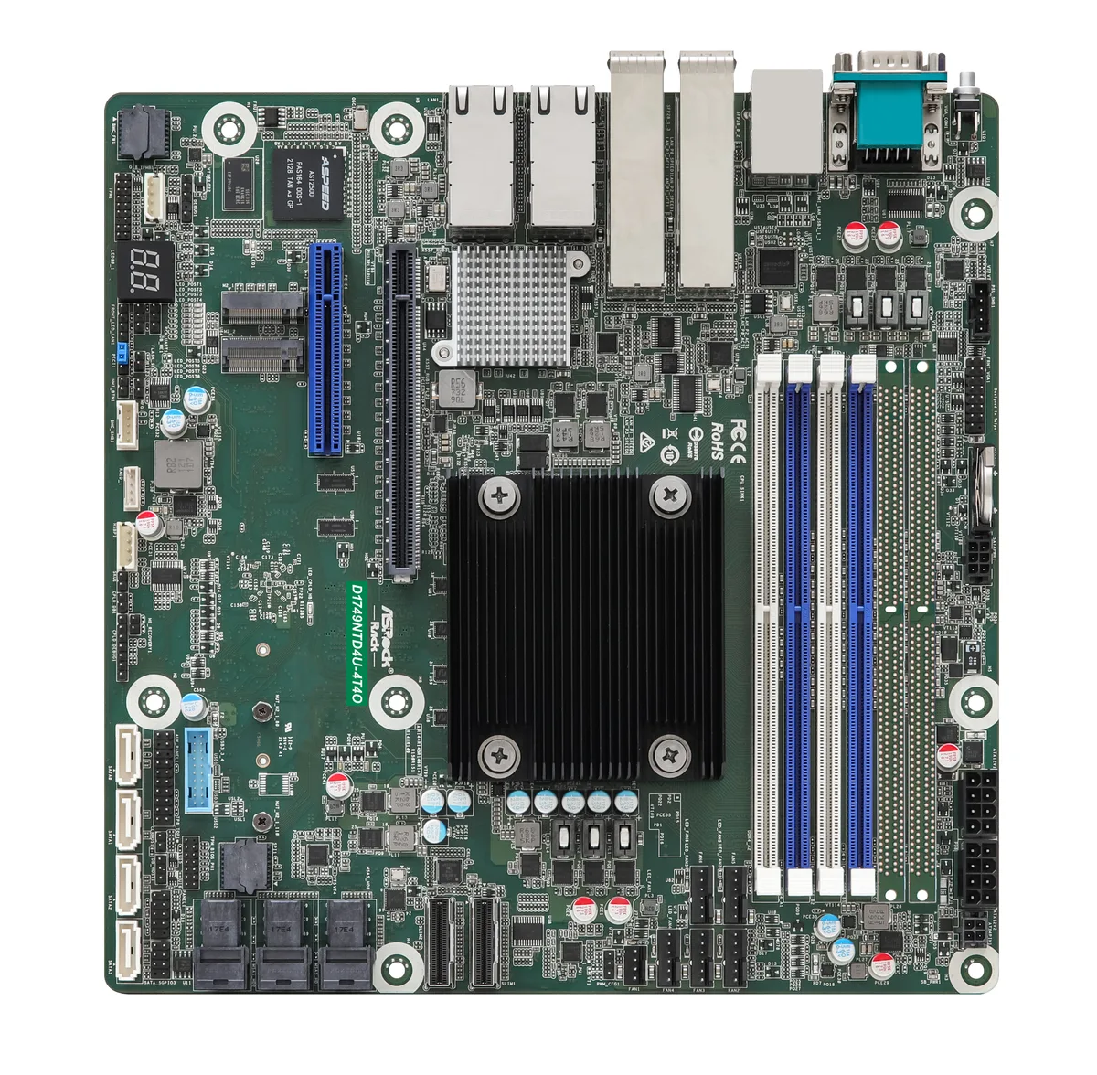 Micro-ATX server board with four SFP28 and four RJ45 ports