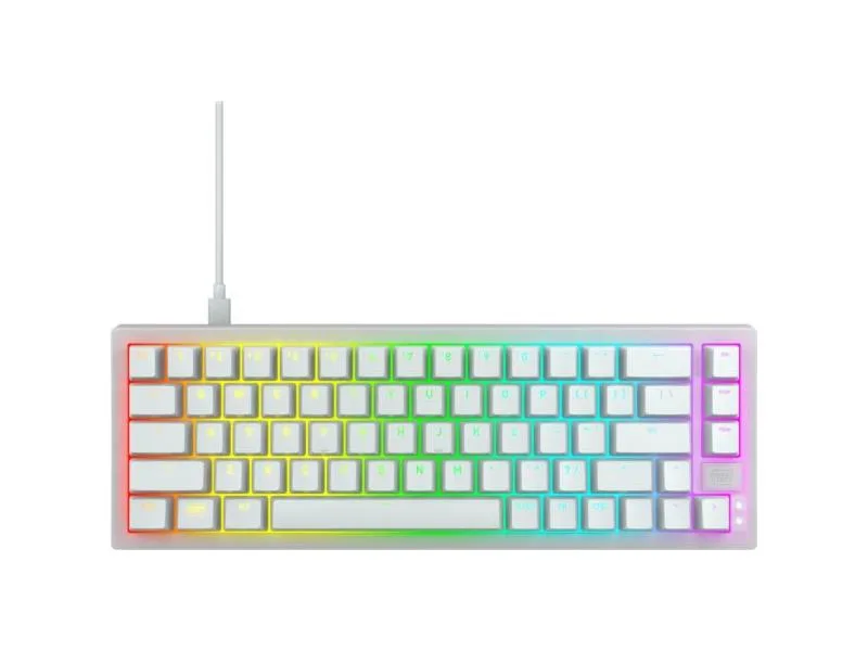 Compact white 65% mechanical keyboard with RGB strip lighting and Cherry MX Red switches