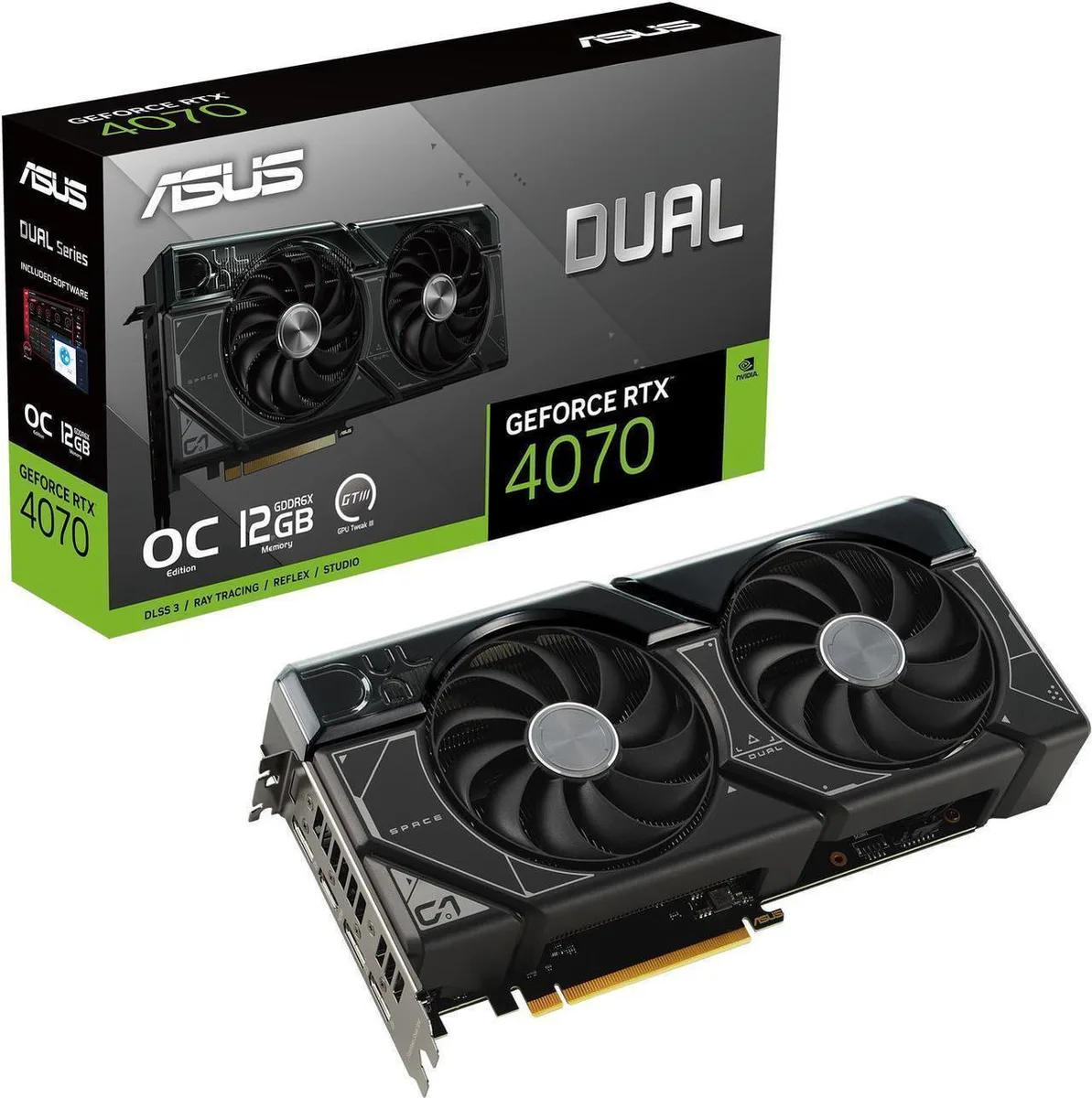 ASUS Dual GeForce RTX 4070 EVO OC graphics card with dual axial fans and 2.5-slot metal shroud