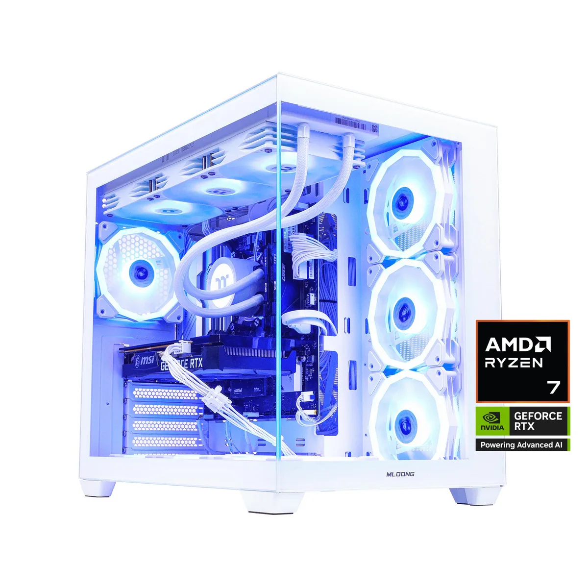 MLOONG MLOONG X-Dragon gaming PC Ryzen 7 9800X3D RTX 5070 Ti 16GB 32GB DDR5 6000 2TB NVME 850W White — product photo
