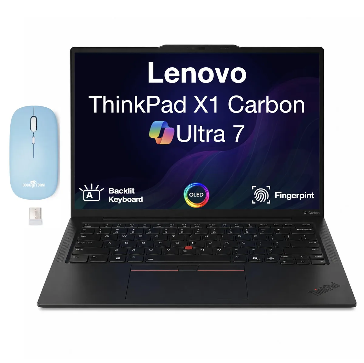 Black ThinkPad X1 Carbon laptop, 14.0 inch OLED screen, matte finish, compact form factor