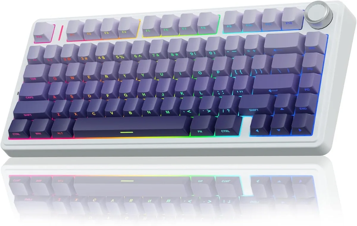 A 75 percent wireless mechanical keyboard in gradient purple finish with side printed PBT keycaps