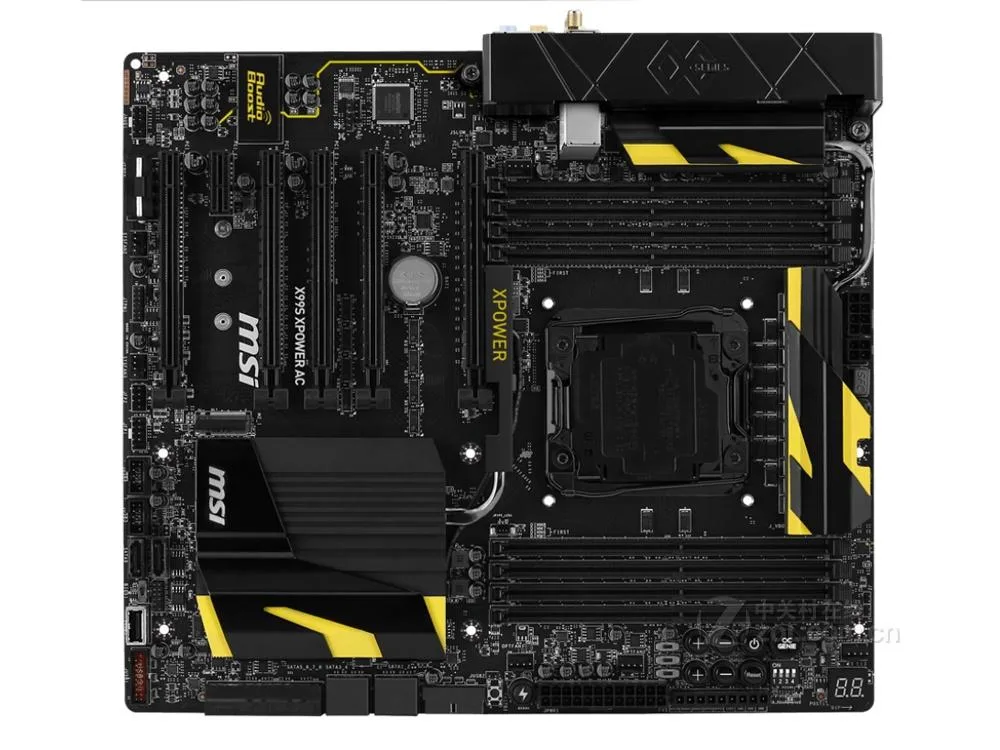 E-ATX motherboard, black PCB with silver heatsinks and red accents