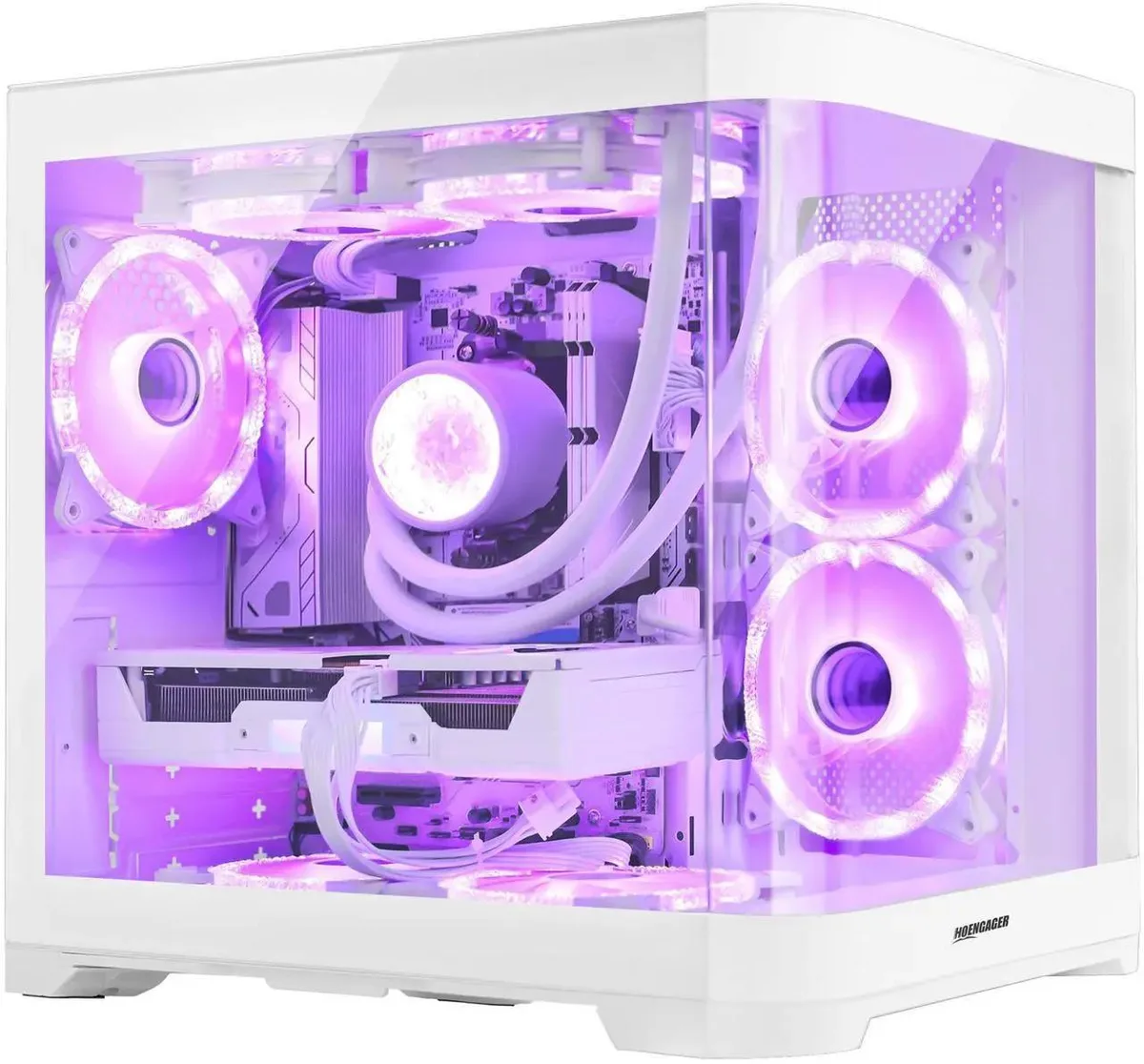 White mid-tower gaming desktop with ARGB liquid cooler visible through side panel