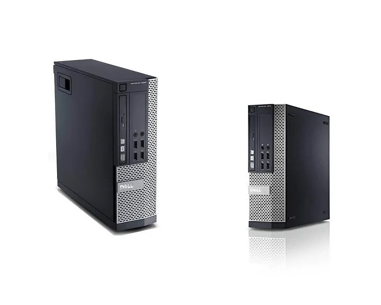 Small black and silver desktop tower, compact SFF case, front DVD drive slot, vertical orientation