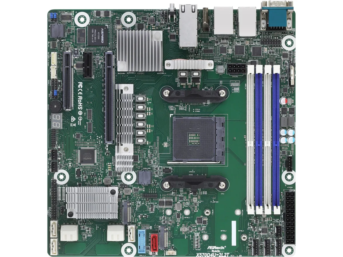 Green micro-ATX server board with dual 10GbE ports, four DDR4 slots, multiple PCIe slots and SATA connectors