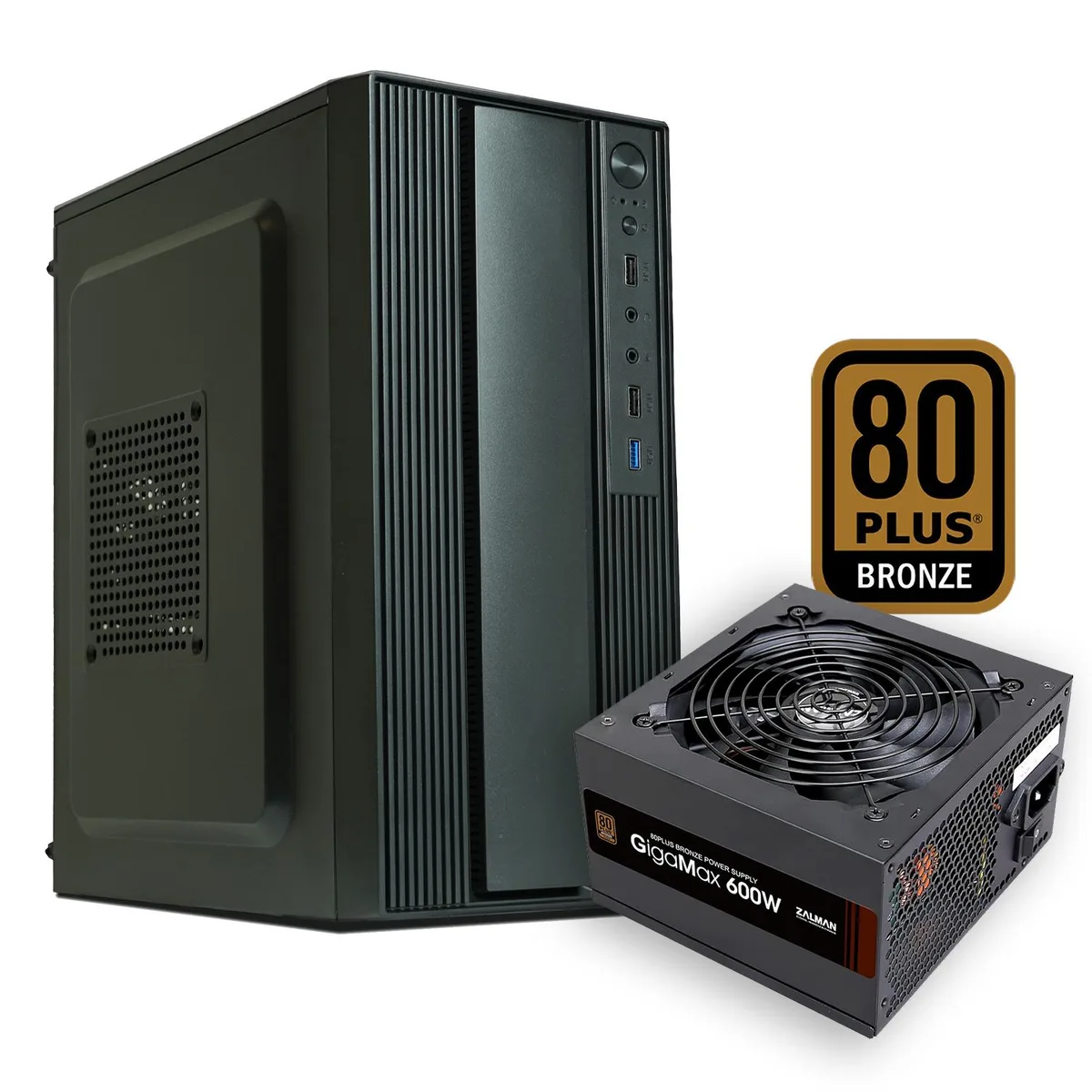 Compact black micro-ATX tower case with included 600W power supply