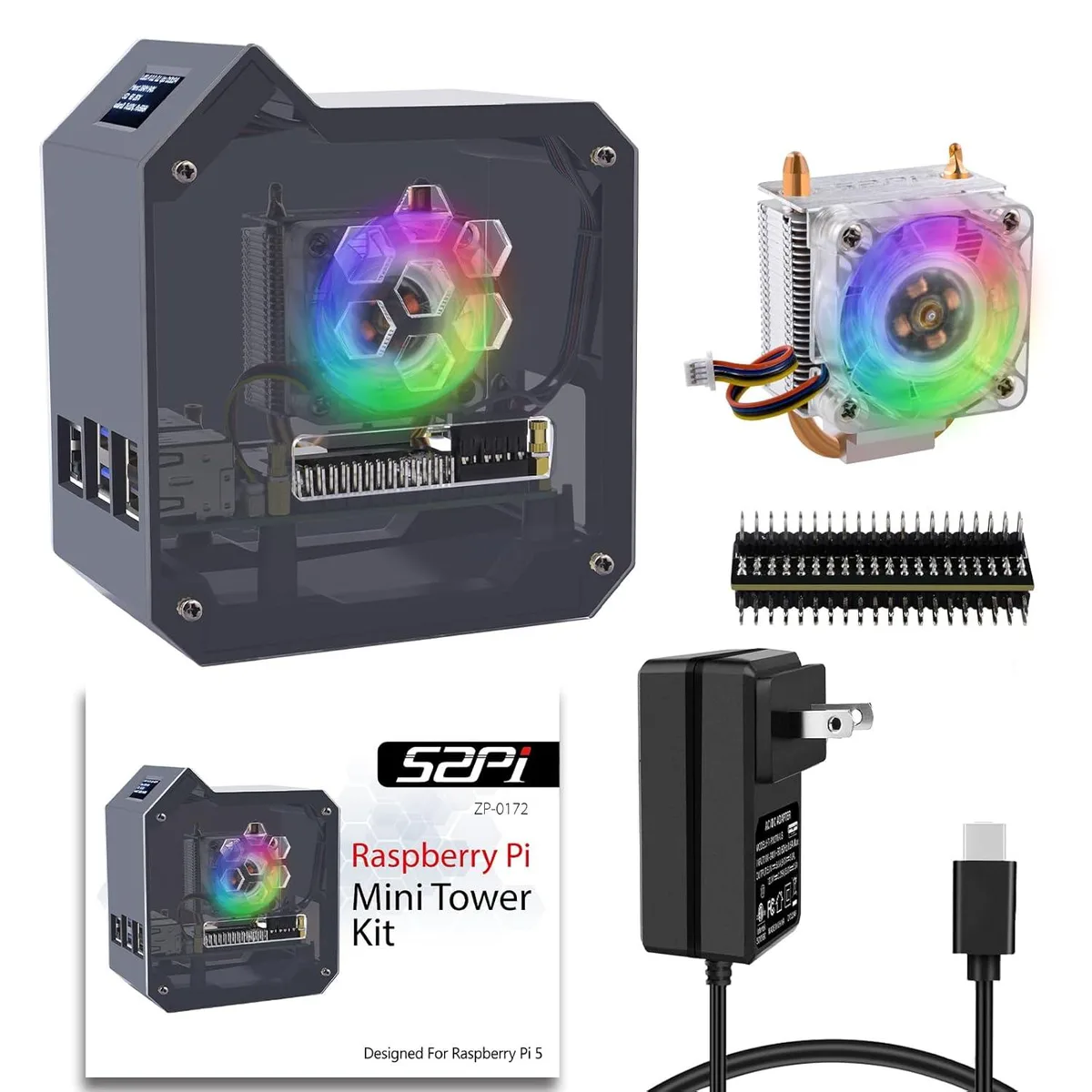 BFKK BFKK Mini Tower Kit for Raspberry Pi 5 with 27W PSU, ICE Tower Cooler, .96 OLED, RGB Fan, GPIO Board — صورة المنتج