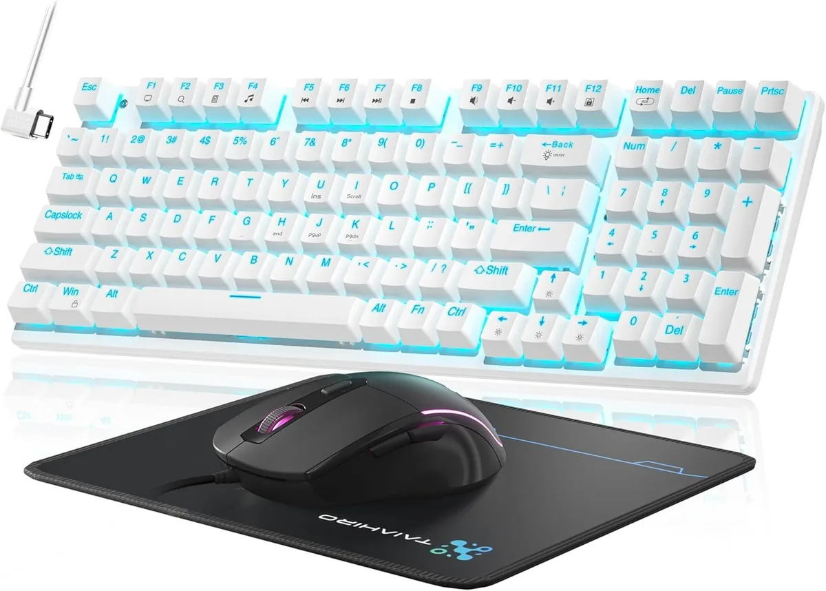 BFKK BFKK Mechanical Gaming Keyboard and Mouse Set White 98-Key 18 Modes Blue LED 4 DPI 800/1600/2400/3200 — Produktfoto