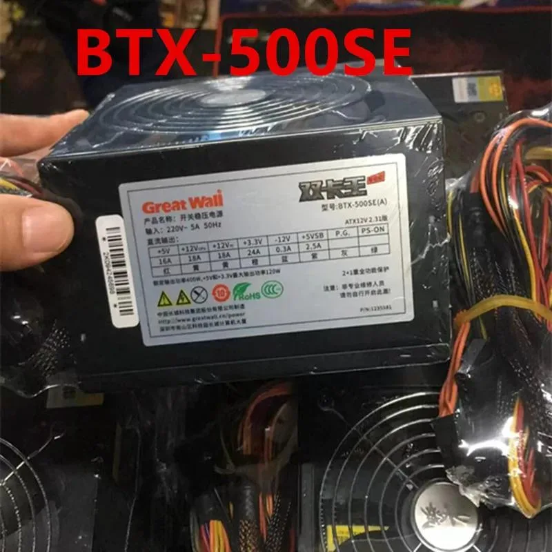 Rectangular black ATX power supply with cooling fan and cable bundle