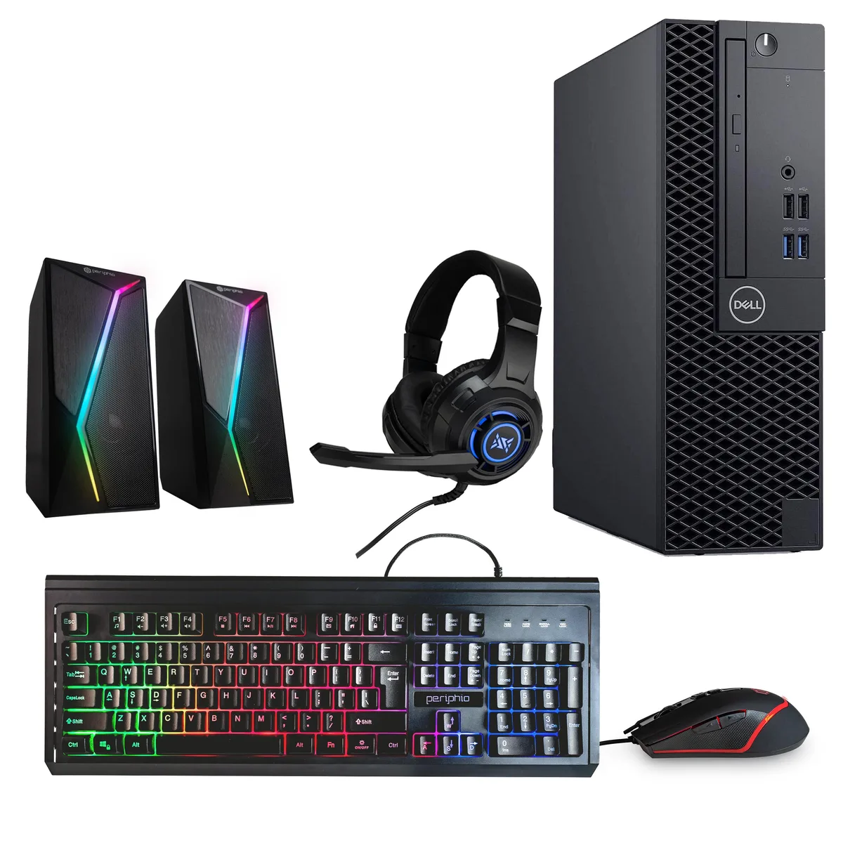 Black Dell OptiPlex 3060 desktop tower with wired keyboard, mouse, RGB speaker and headset