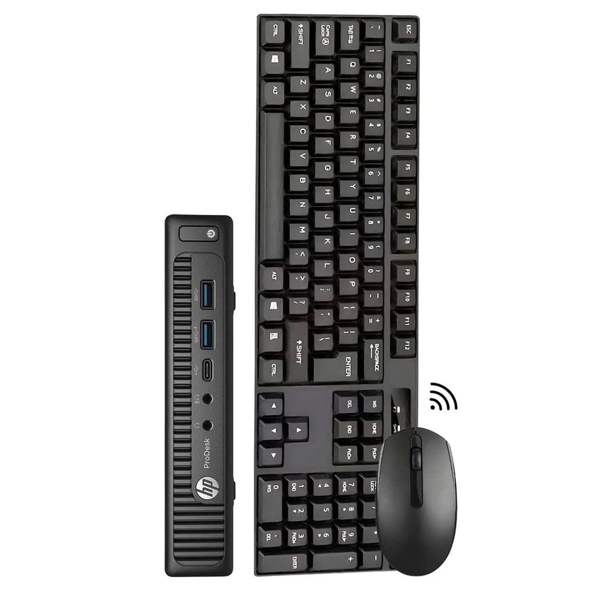 Small black desktop tower with wireless keyboard and mouse