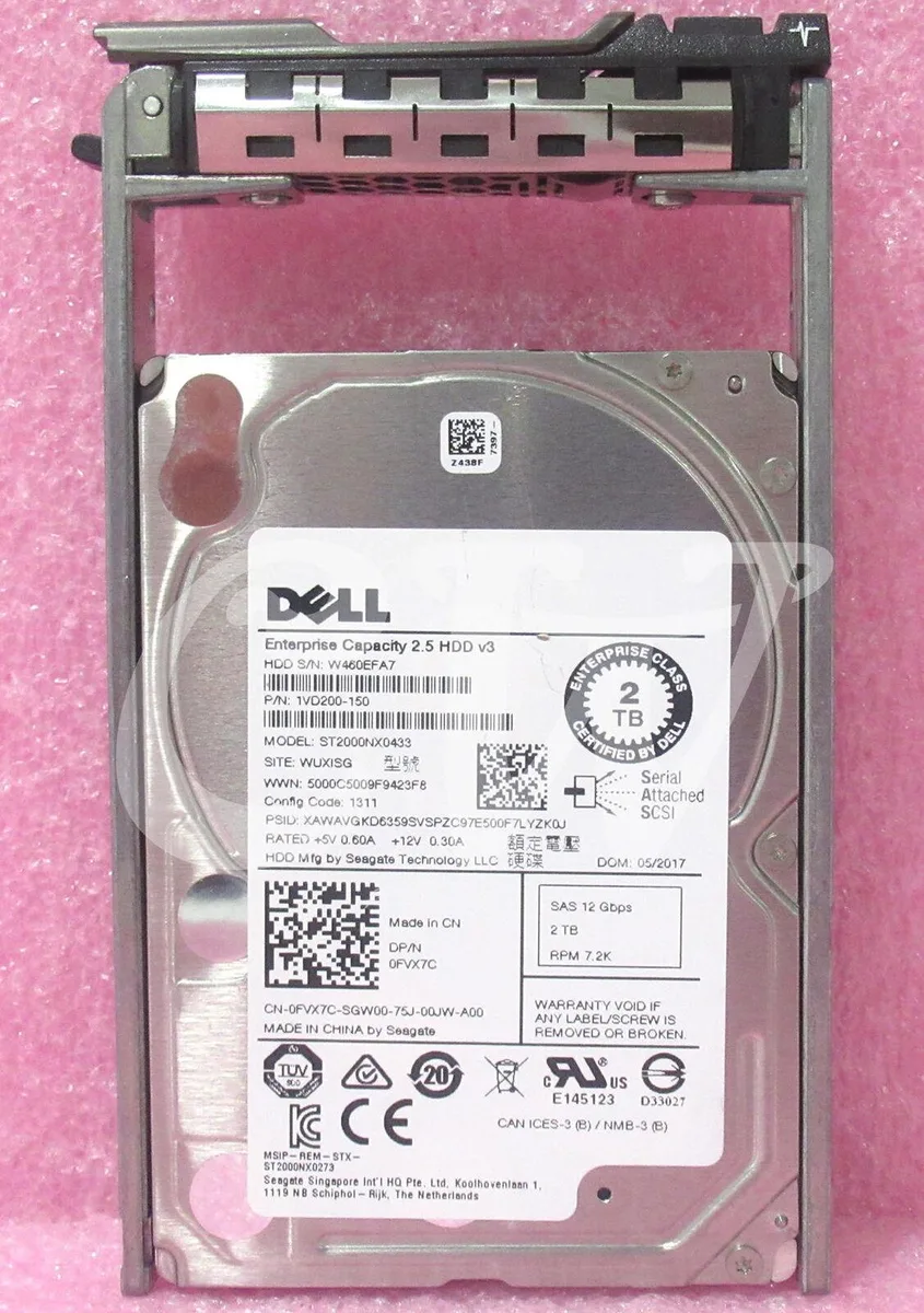 Silver 2.5 inch SAS hard drive mounted in black Dell R-series caddy tray