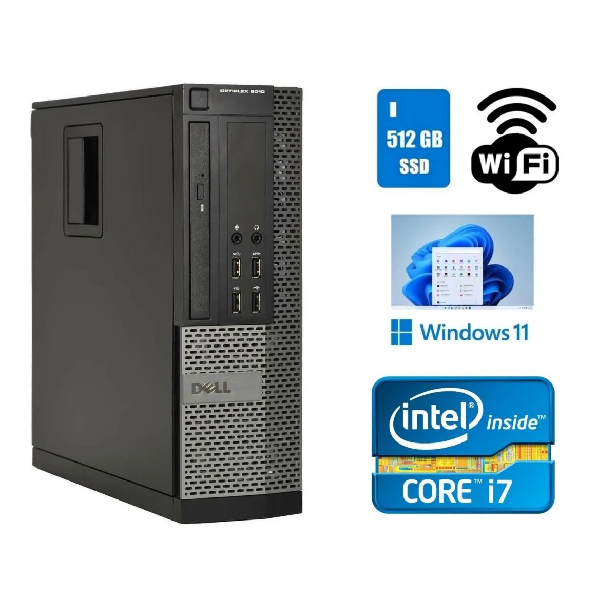 Black small form factor desktop tower with DVD drive and USB Wi-Fi adapter