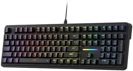 Black full-size mechanical keyboard with 108 keys and RGB lighting
