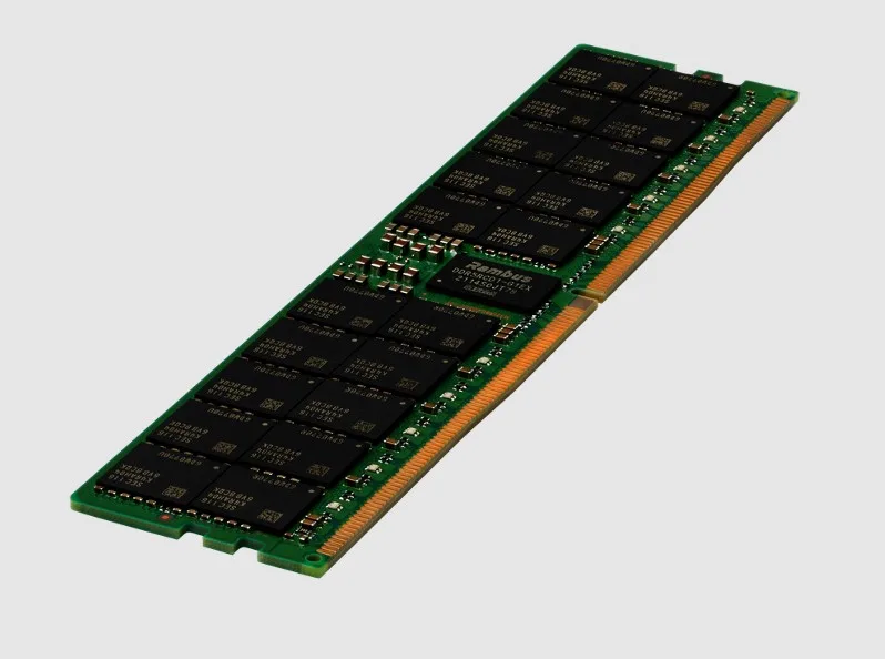 Green printed circuit board with black memory chips and gold edge connectors