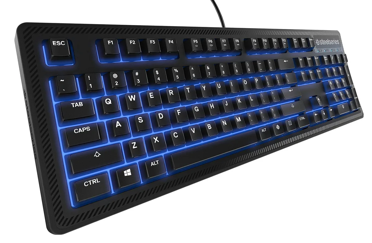 Black plastic gaming keyboard with blue LED backlighting and integrated palm rest