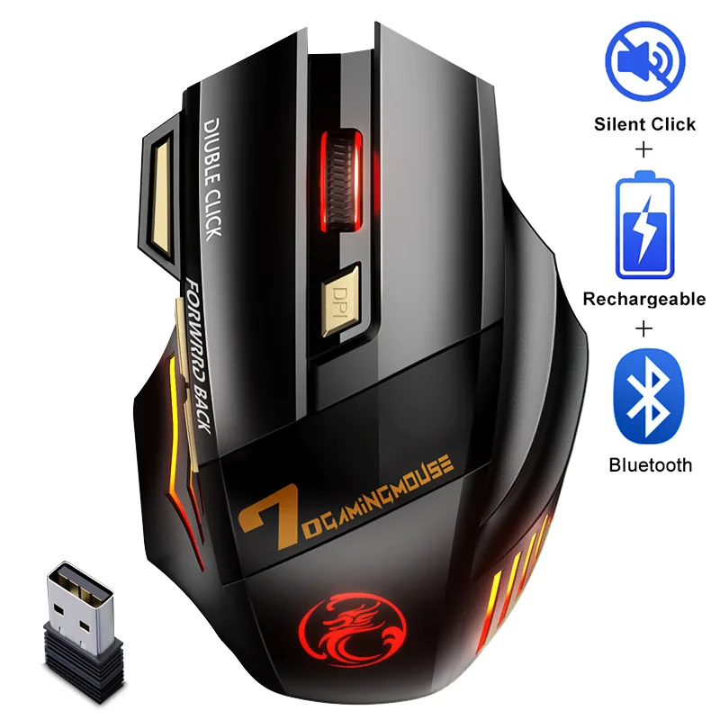 Black wireless gaming mouse with RGB lighting and seven buttons