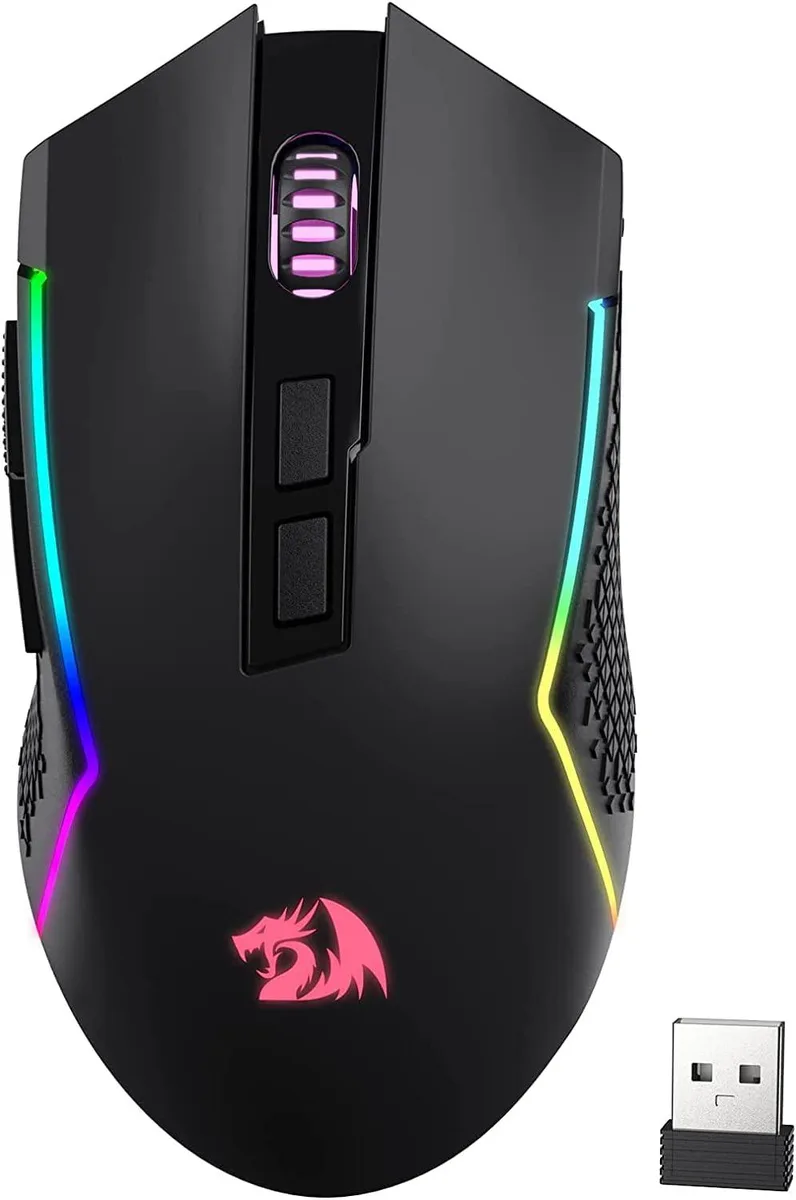 Black wireless gaming mouse with seven buttons and RGB lighting