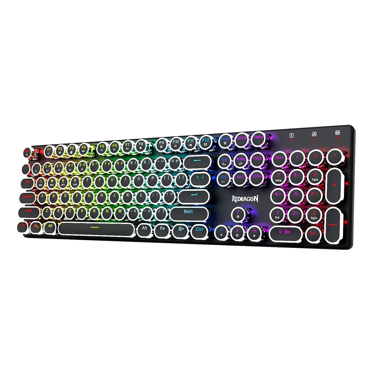 Redragon K710 Typewriter Gaming Keyboard Bluetooth 3.0 Blue Switch Round Keycaps Metal Panel Black — foto do produto