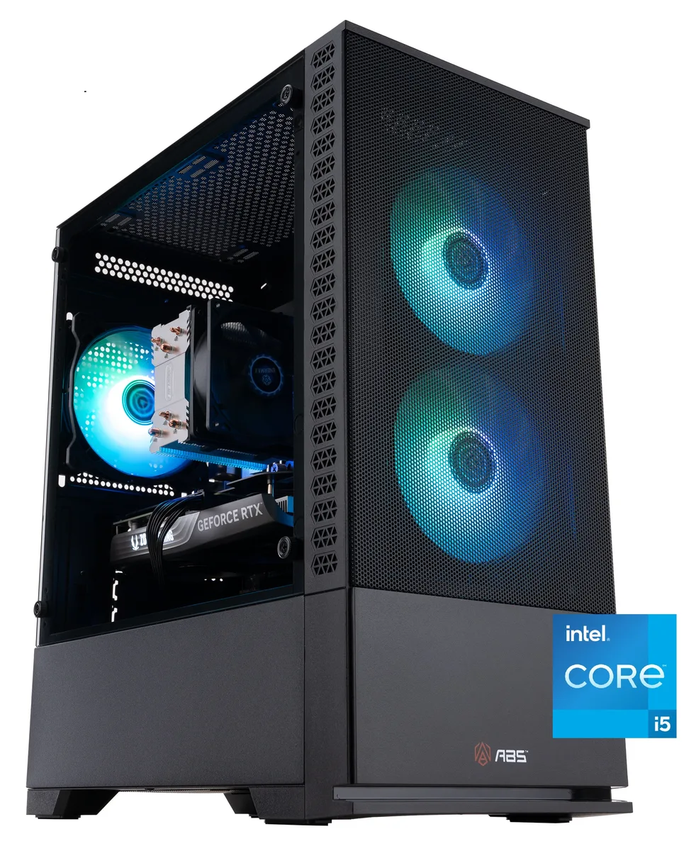 Black micro-tower gaming desktop with tempered glass side panel and front mesh ventilation