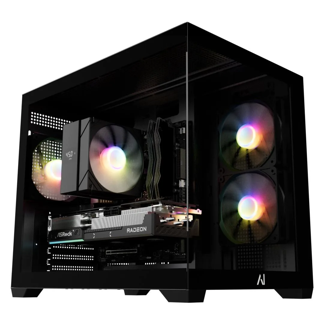 Black mid-tower gaming PC with ARGB lighting and tower cooler display