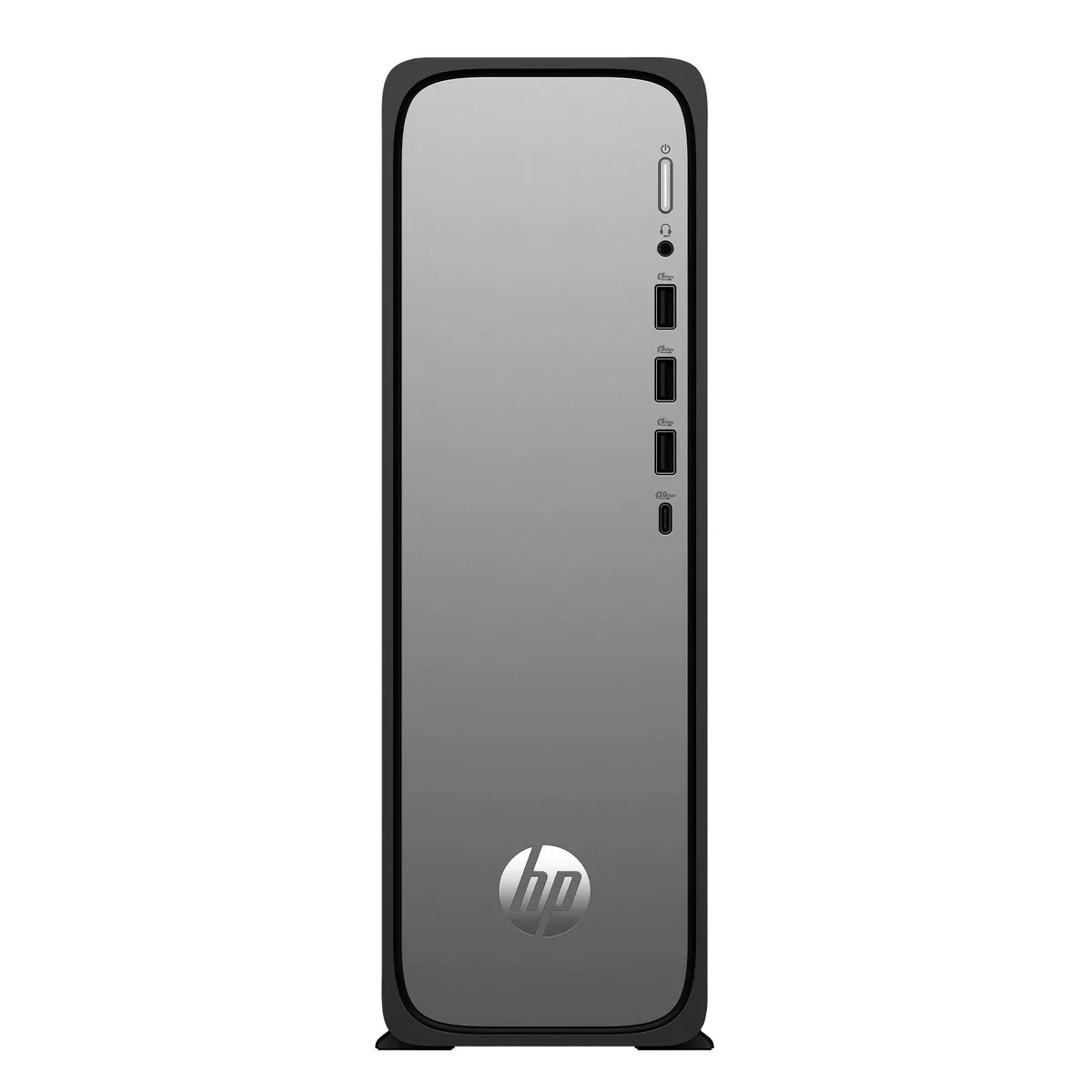 Slim silver desktop tower with wireless keyboard and mouse