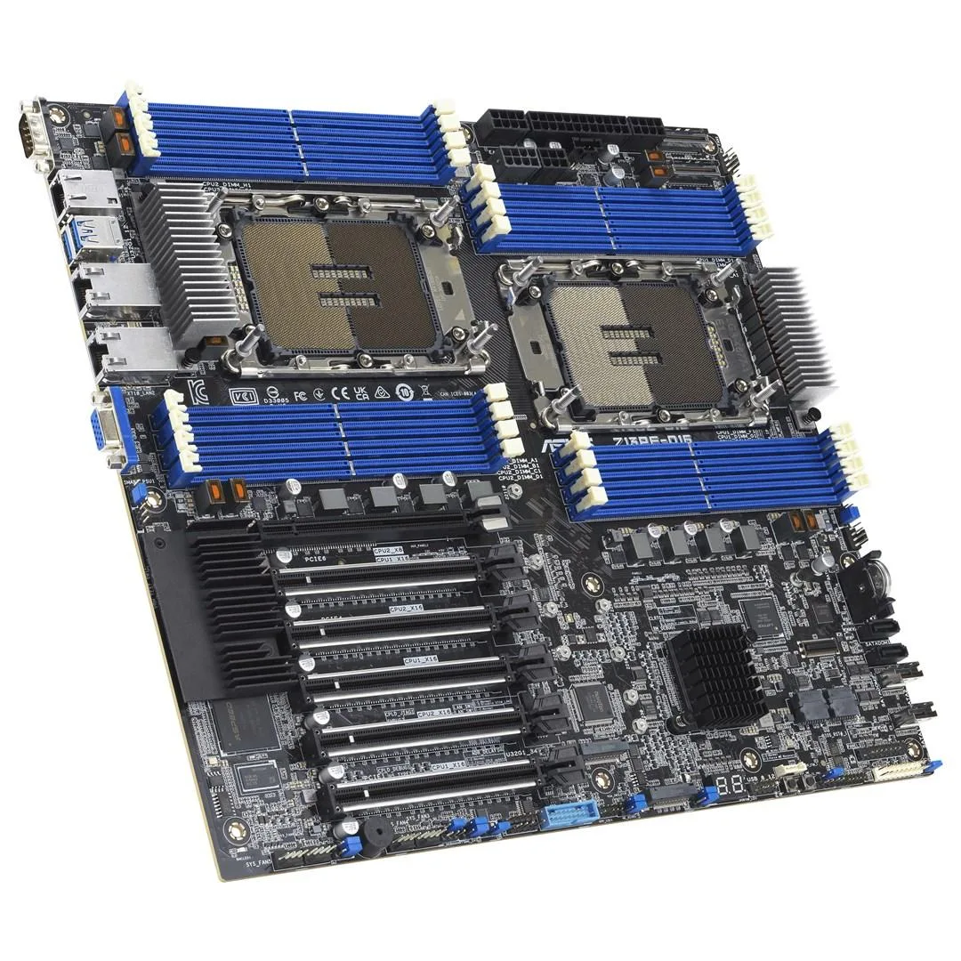 ASUS Z13PE-D16 extended ATX motherboard with silver heatsinks and black PCB