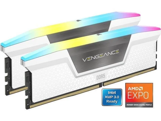 Two white DDR5 memory sticks with RGB light bars