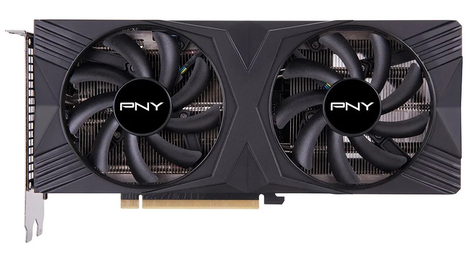 PNY VERTO RTX 4070 dual-fan graphics card, silver shroud, two-slot ATX form factor