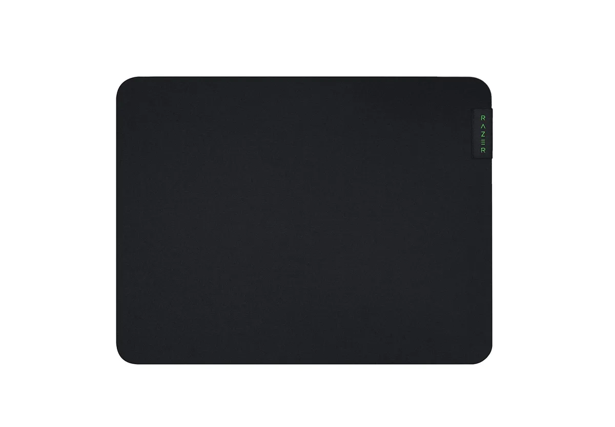 Black rectangular cloth mouse pad with stitched edges and rubber foam base