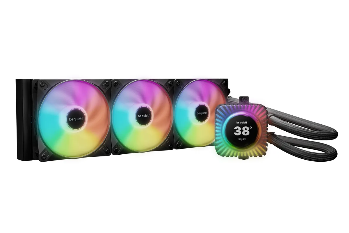 Black 360mm AIO liquid cooler with square IPS display on pump head, three daisy-chained ARGB fans, sleeved tubing