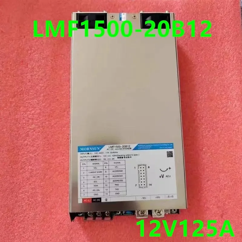 Rectangular metal power supply unit with ventilation slots and label showing 1500W 12V 125A