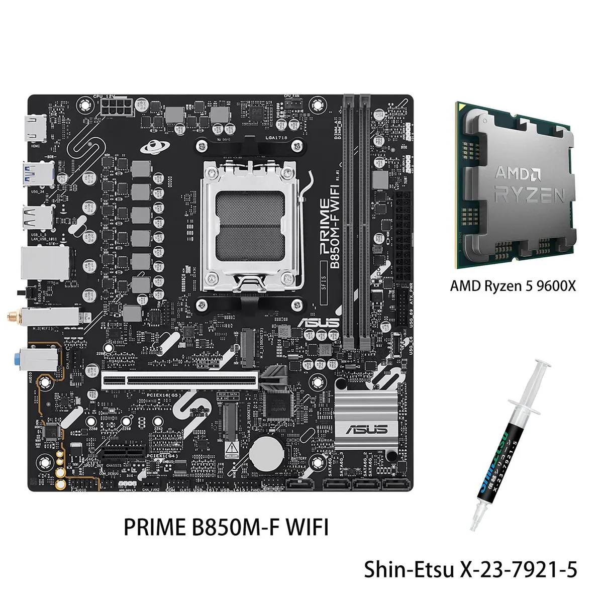 Micro-ATX motherboard with AM5 socket and boxed Ryzen 5 9600X CPU