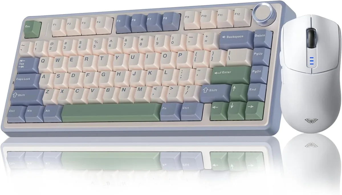 White 75 percent mechanical keyboard with matching wireless mouse