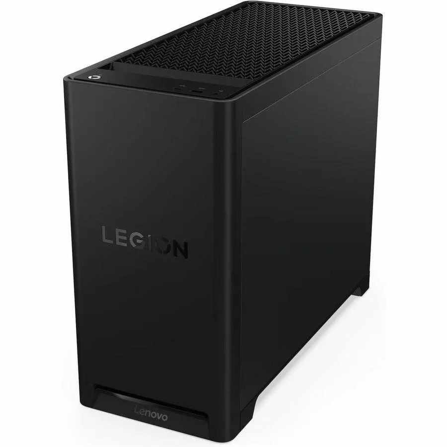 Black rectangular tower with angled front panel, Legion branding, keyboard and mouse included
