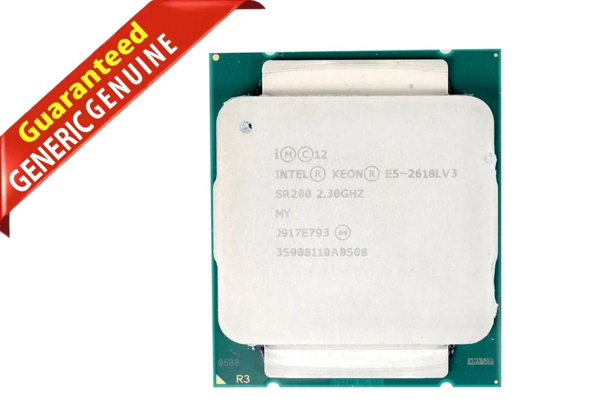 Small square Intel Xeon processor with gold contact pads and green substrate