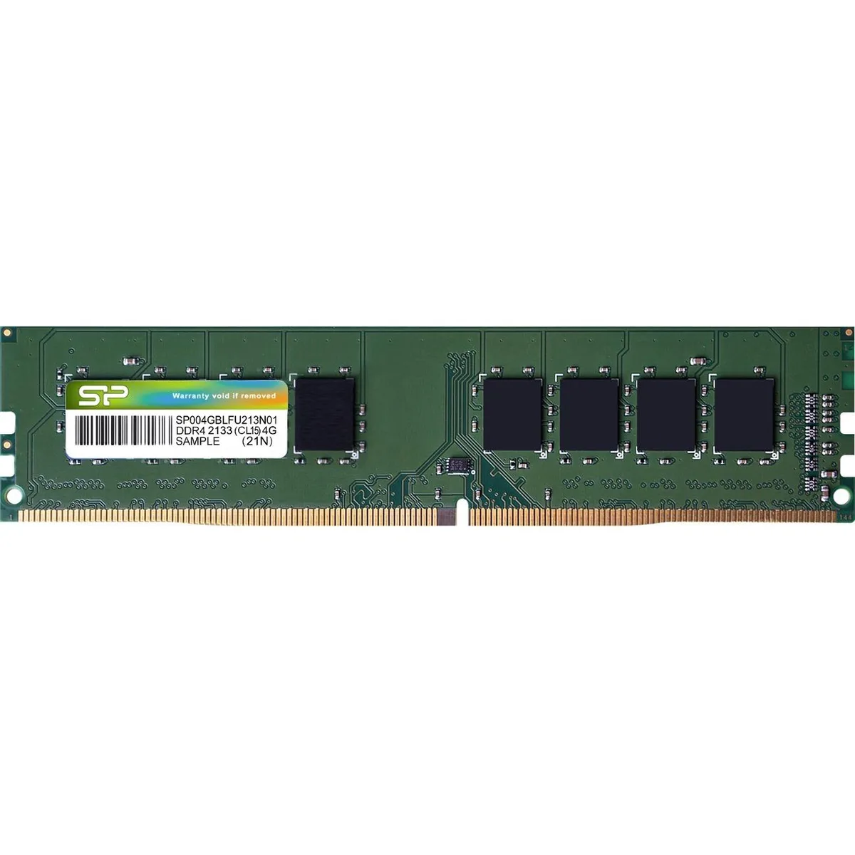 Green rectangular circuit board with black memory chips and gold edge connector