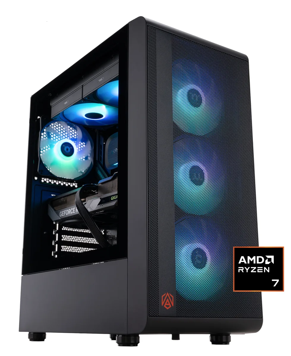 Black mid-tower gaming PC with glass side panel and liquid cooler visible inside